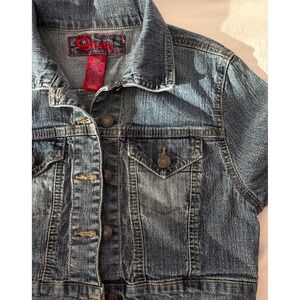 STAR Cropped Denim Jacket Women's Medium Fitted Stretch Jean Trucker Blue Y2K